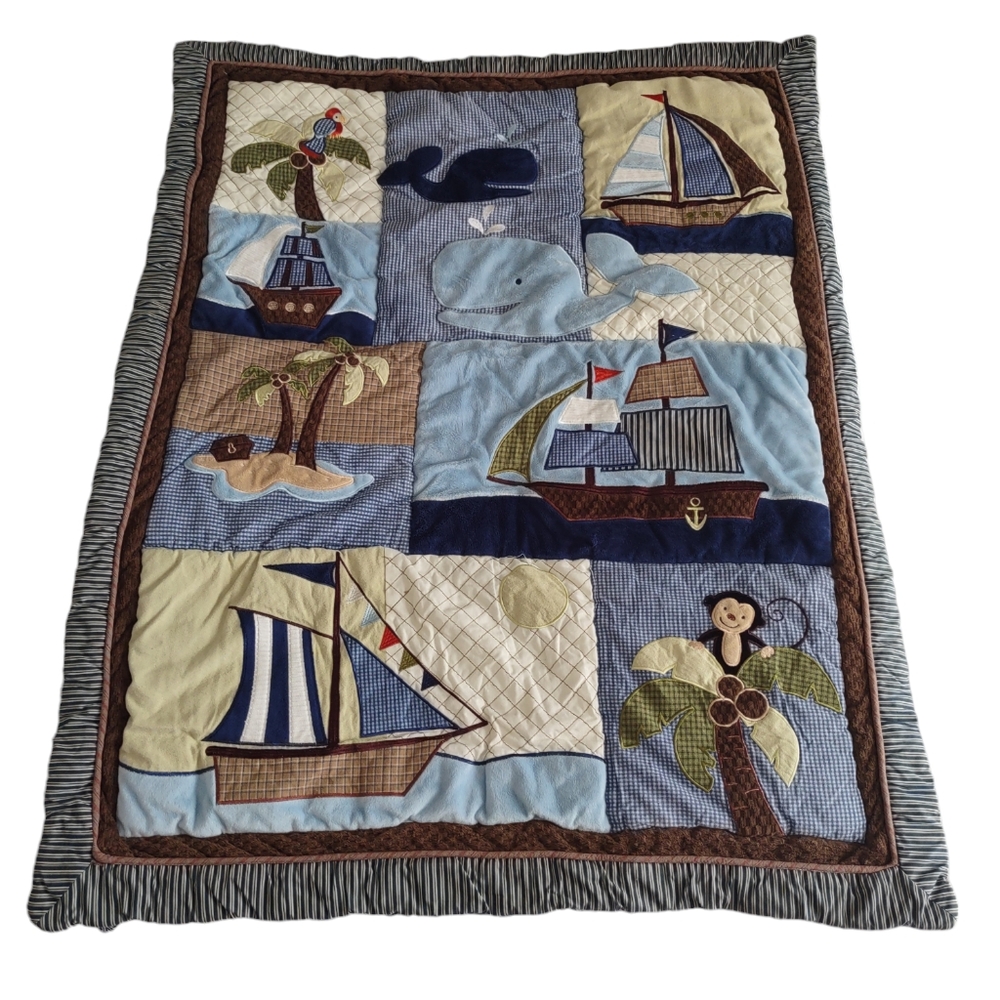 Nojo Patchwork Tropical Sailboat Ocean Island Scenic Blue Baby Vintage Blanket